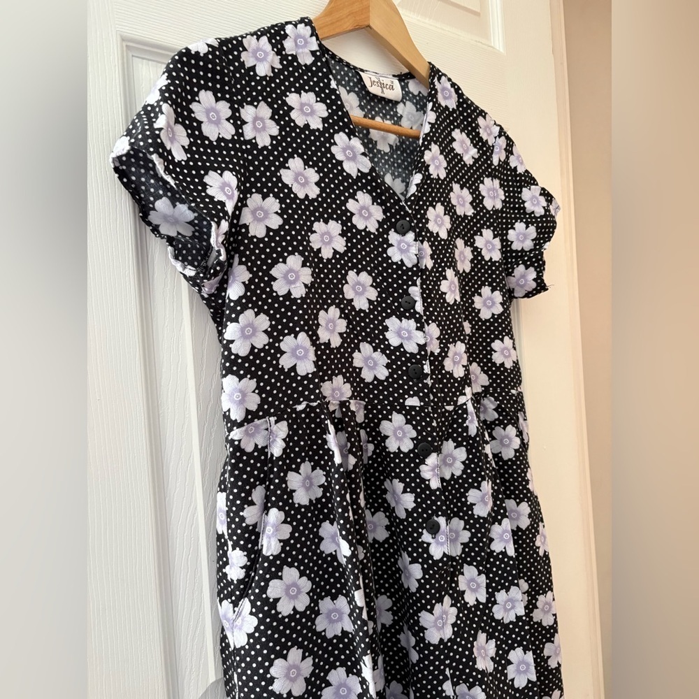 Jessica vintage short romper button front purple floral polka dot size large - Picture 3 of 11